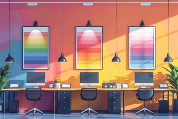 Wall Mural - Simplified vector illustration of a corporate office decorated with Pride symbols for LGBTQ+ visibility, highlighting gender equality and the celebration of diversity with clean lines and bold colors