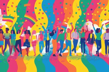 Wall Mural - Vector illustration of LGBTQ+ youth at a Pride celebration, showcasing acceptance and joy with clean, minimalistic lines and a vibrant rainbow color scheme