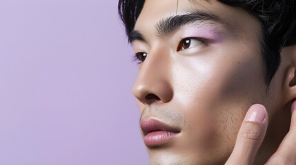 Wall Mural - Handsome Japanese Man s Face in Skincare Advertising Banner on Lavender Background