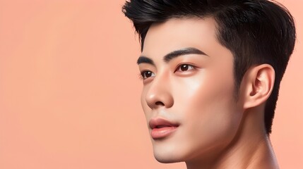 Wall Mural - Handsome Asian Male Model s Flawless Skin Showcased in Cosmetic Advertising Banner