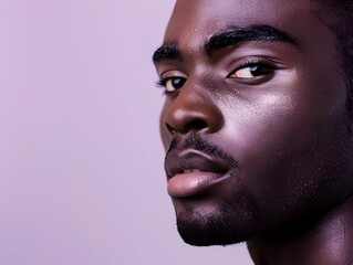 Wall Mural - Handsome African Man s Facial Portrait for Cosmetic Advertising on Lilac Background