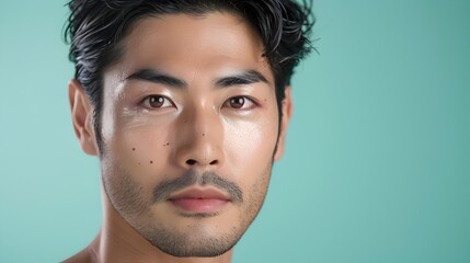 Wall Mural - Handsome Japanese Male Model Showcasing Luxury Skincare Products in Elegant Advertising Banner