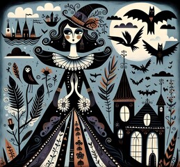 Wall Mural - Día de los muertos, Halloween, pintura facial, arte, arte gótico, bruja, mujer, calabaza, cuervo, murciélago, embrujo, pócima, hada, calavera, ilustración, cuento, storybook, retrato, cara, muñeca