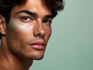 Wall Mural - Handsome South American Man s Face in Skincare Advertising Banner on Sage Green Background