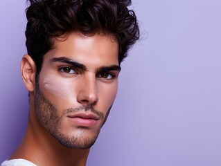 Wall Mural - Handsome South American Man s Face in Decorative Skincare Advertising Banner on Plain Lavender