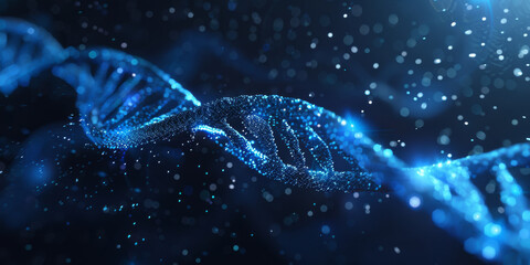 3d render of double helix DNA on blue background with glowing particles. Abstract futuristic medical and scientific concept.