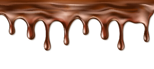 Wall Mural - Dripping melted chocolate isolated on white. Realistic vector illustration of liquid chocolate.