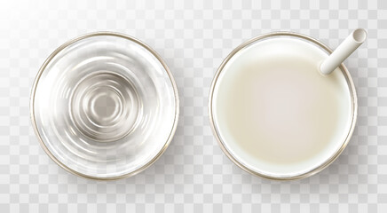 Empty glass and glass of milk with straw isolated on transparent background. Top view vector illustration