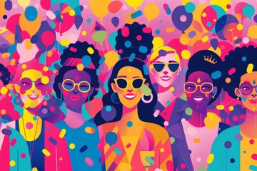 Wall Mural - Minimalist vector illustration of a Pride festival featuring diverse LGBTQ+ community members enjoying drag performances and queer art exhibitions, using simple shapes and vibrant colors to celebrate