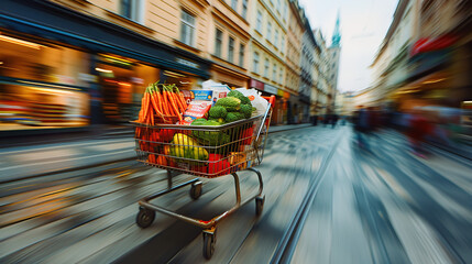 a shopping cart full of groceries, moving fast on the street in prague, motion blur