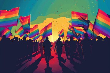 Wall Mural - Simplified vector artwork of a Pride march with participants holding rainbow flags and advocating for LGBTQ+ rights and gender equality, using bold, simplified shapes and vibrant colors to emphasize