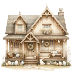 Wall Mural - Easter cottage for Easter Day in beige watercolor clipart on transparent background
