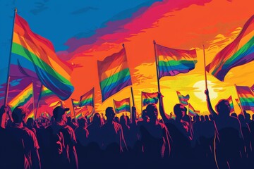 Wall Mural - Simplified vector artwork of a Pride march with participants holding rainbow flags and advocating for LGBTQ+ rights and gender equality, using bold, simplified shapes and vibrant colors to emphasize