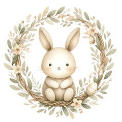 Wall Mural - Bunny in floral wreath for Easter Day in beige watercolor clipart on transparent background