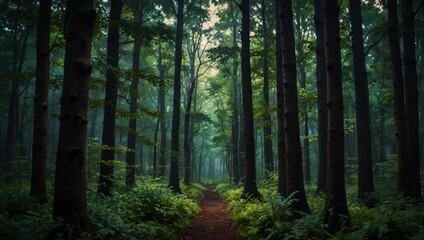  A grove of towering trees, surrounded by a verdant forest teeming with vibrant foliage.
