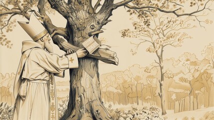 Saint Boniface Chopping Down Oak of Thor, Apostle of Germany, Bishop Attire, Serene Forest, Biblical Illustration, Beige Background, Copyspace