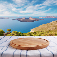 Wall Mural - summer table top front of the Aegean islands with napkin, trees and sea view. mock up, space for your product