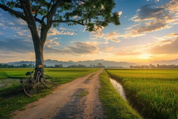 Bicycle on a background of a tree and a green field. Colorful landscape isolated. Without a person