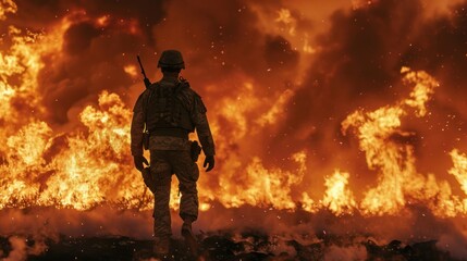 Wall Mural - clear image of a fighter standing in front of a large fire