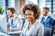© Alena - Call center, computer and business with African american woman in office for technical support and advice. Ai generated