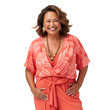 © CrazeePixelINC - Front view mid shot of a 60-year-old chic Polynesian woman dressed in a coral wrap top and comfortable slacks, smiling on a white transparent background
