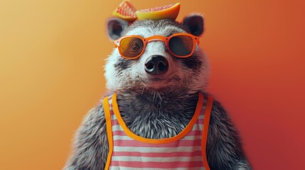 Funny raccoon in sunglasses, striped tank top, and orange hat posing against an orange background. Summer and vacation vibes.