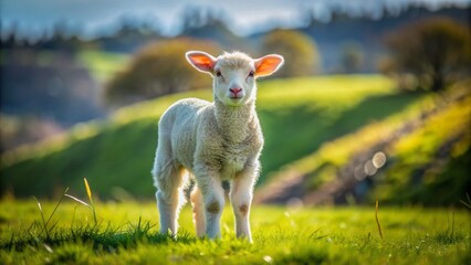 Adorable baby lamb with soft fluffy fur stands alone in a lush green meadow on a sunny spring day in rural new zealand farm.