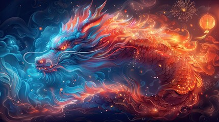 prompt, a vibrant and creative Chinese New Year poster for the Year of the Dragon, envision a majestic dragon composed of traditional Chinese symbols and cultural elements