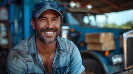 Wall Mural - A smiling man in a blue truck.