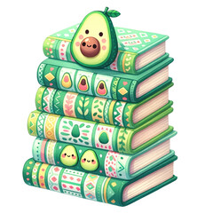 Wall Mural - Green avocado pattern stacked books for eco-friendly decor in watercolor clipart on transparent background