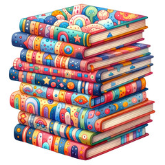 Wall Mural - Colorful rainbow pattern stacked books for nursery decor in watercolor clipart on transparent background