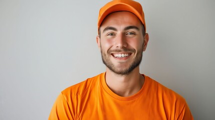 Smiling man in orange shirt and cap.