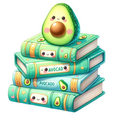 Wall Mural - Avocado theme stacked books for kitchen decor in watercolor clipart on transparent background
