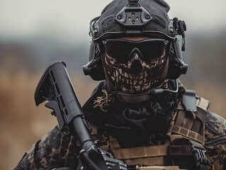 A soldier with a skull mask and rifle.