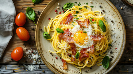 Wall Mural - A plate of Spaghetti Carbonara, with bacon, creamy egg yolks, freshly grated Parmesan and aromatic black pepper, served on a rustic wooden plate, Top View