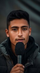 A young man holding a microphone in front of a black background.