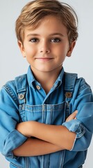 Wall Mural - A young boy in denim overalls posing for the camera.
