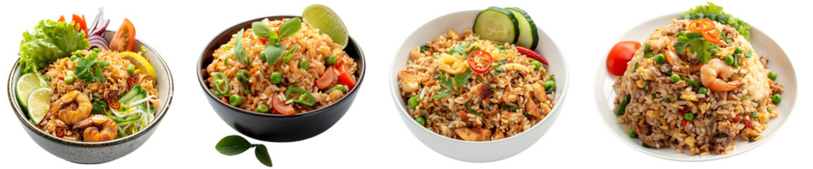 Wall Mural - Shrimp Thai Rice in the bowl with tomato, lemon, pea, cucumber, slice, Isolated Thai Food PNG, transparent cutout, top view