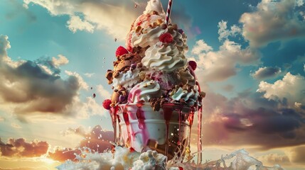 An artistic composition of a towering ice cream sundae, with layers of scoops generated by AI