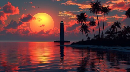 Wall Mural - Lighthouse at Sunset with Palm Trees