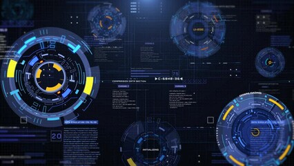 Leinwandbilder - HUD futuristic rotation circle crosshair element with digital data dashboard, chart for business development platform, game, technology 4K motion