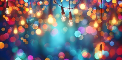 Abstract background with hanging string lights decoration on colorful bokeh light effect for celebration, party and christmas