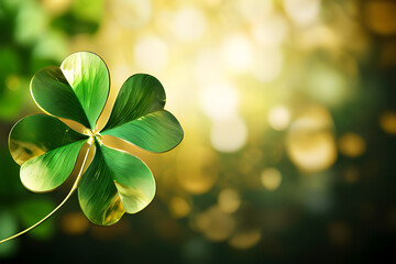 Sticker - Close-up of a four-leaf clover with green and gold coloring. The clover rests on a green and gold background that echoes its colors.