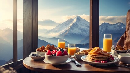 Wall Mural - Breakfast at mountain peak, perfect view from hotel or restaurant