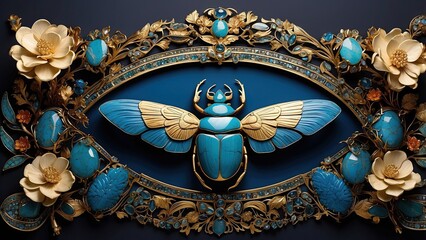 Wall Mural - Decorative border piece set against a dark background that has a flying scarab beetle from Egypt, blue gemstones, and floral designs.