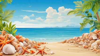 Canvas Print - Landscape with seashells on tropical beach - summer holiday illustration
