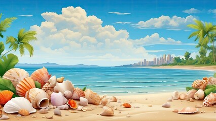 Poster - Landscape with seashells on tropical beach - summer holiday illustration