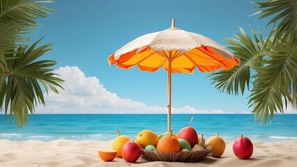 Wall Mural - Tropical beach concept made of coconut fruit and sun umbrella. Creative minimal summer idea