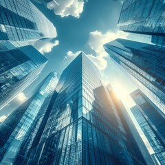 Modern glass skyscraper reflecting the blue sky