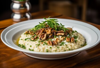 A plate of risotto with mushrooms on a wooden table